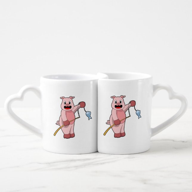 Pig at Fishing with Fishing rod & Fish Coffee Mug Set (Front Nesting)