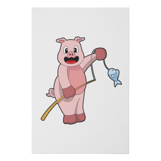 Pig at Fishing with Fishing rod & Fish Faux Canvas Print (Front)