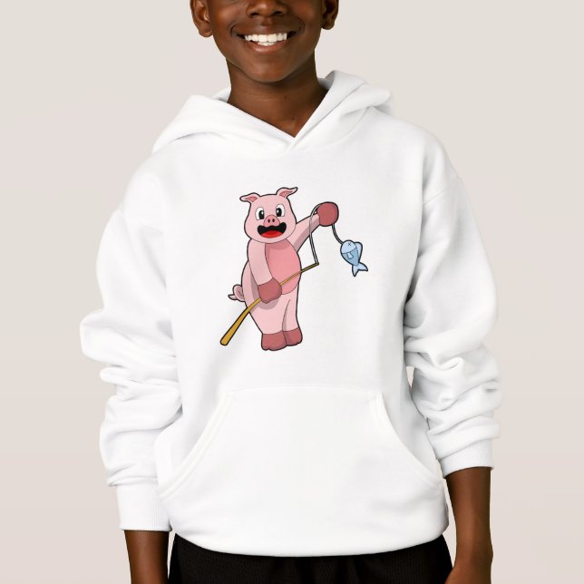 Pig at Fishing with Fishing rod & Fish Hoodie (Front)