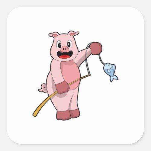 Pig at Fishing with Fishing rod  Fish Square Sticker