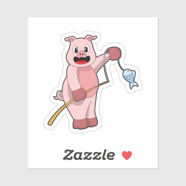 Pig at Fishing with Fishing rod & Fish Sticker (Sheet)