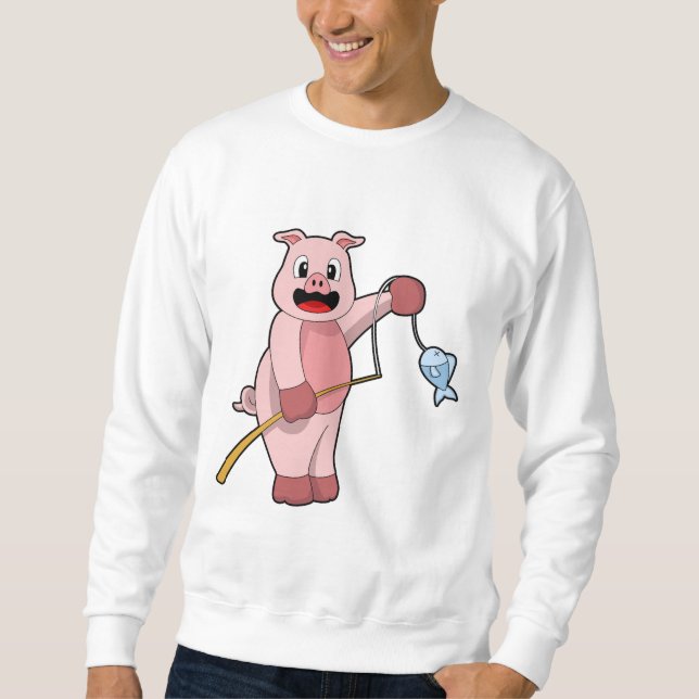 Pig at Fishing with Fishing rod & Fish Sweatshirt (Front)