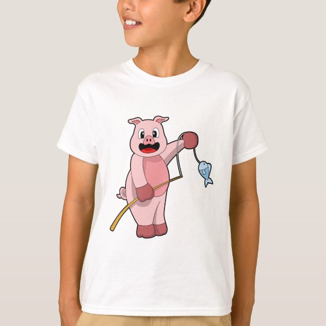 Pig at Fishing with Fishing rod & Fish T-Shirt (Front)