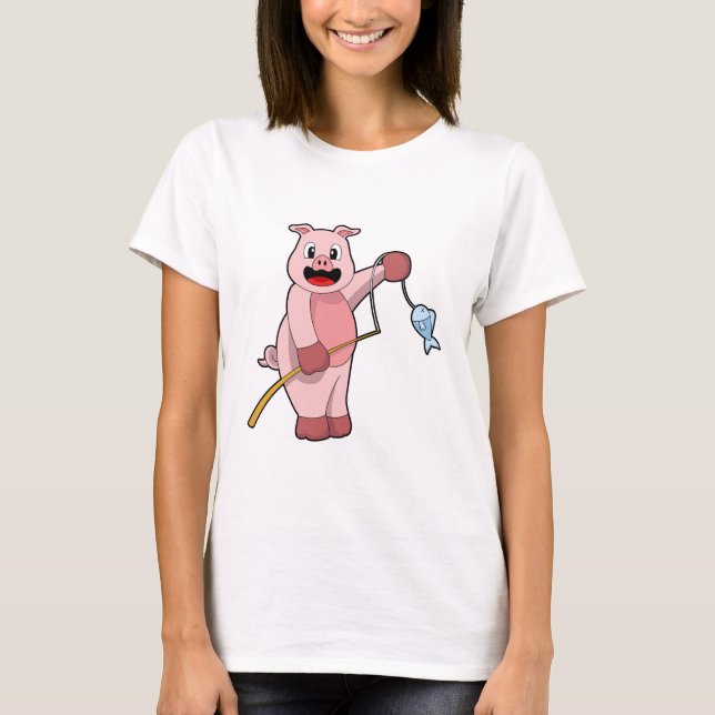 Pig at Fishing with Fishing rod & Fish T-Shirt (Front)