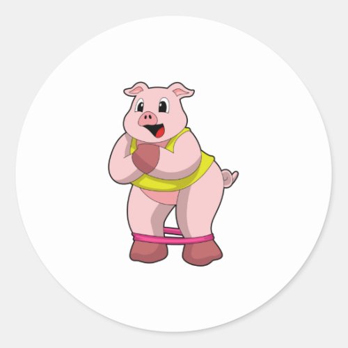 Pig at Fitness with Rubber band Classic Round Sticker