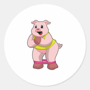 Pig at Fitness with Rubber band Classic Round Sticker