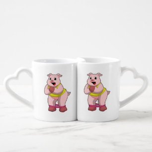 Pig at Fitness with Rubber band Coffee Mug Set