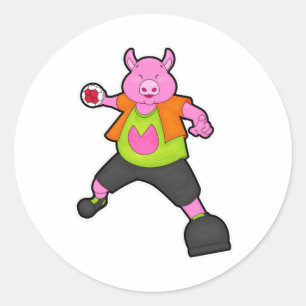 Pig at Handball player with Handball Classic Round Sticker