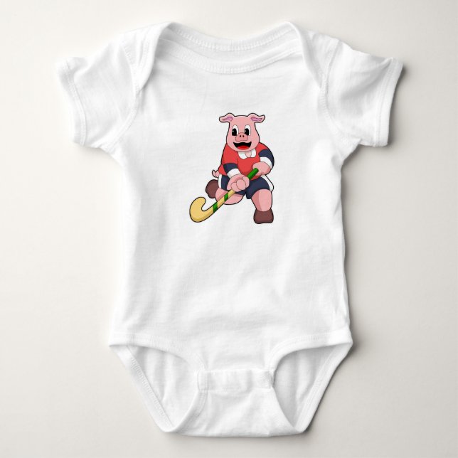 Pig at Hockey with Hockey bat Baby Bodysuit (Front)