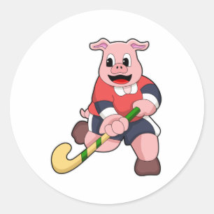 Pig at Hockey with Hockey bat Classic Round Sticker