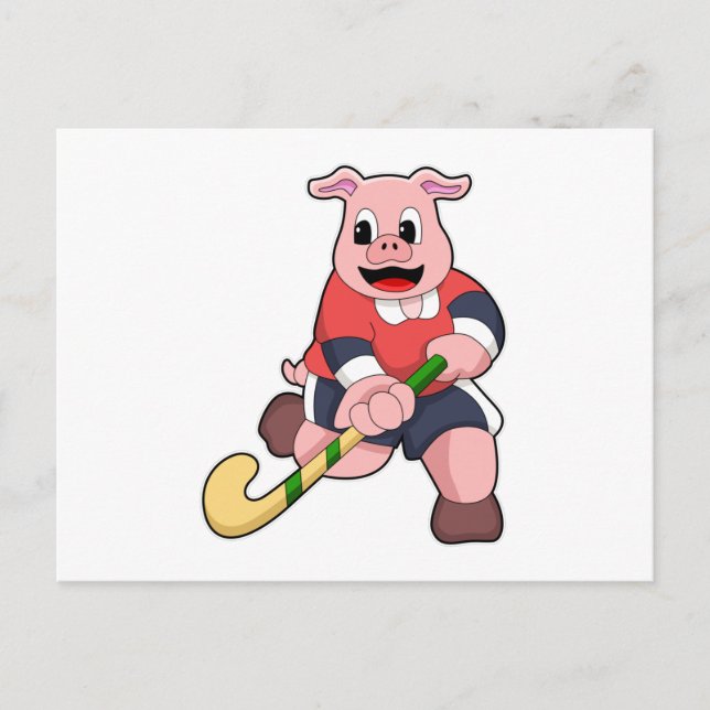 Pig at Hockey with Hockey bat Postcard (Front)