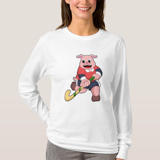 Pig at Hockey with Hockey bat T-Shirt (Front)