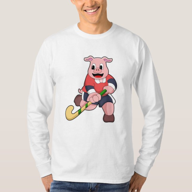Pig at Hockey with Hockey bat T-Shirt (Front)