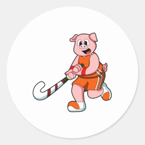 Pig at Hockey with Hockey stick Classic Round Sticker