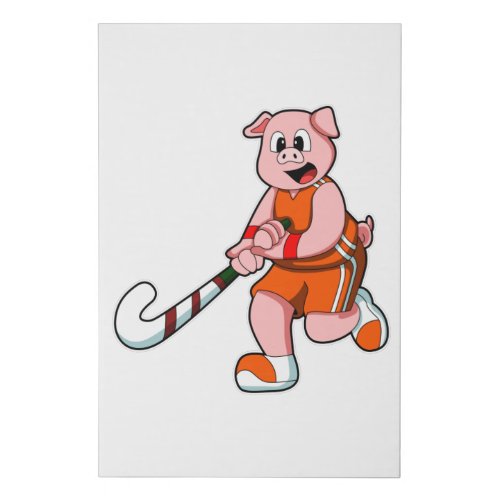 Pig at Hockey with Hockey stick Faux Canvas Print