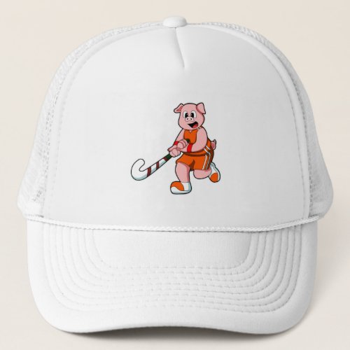 Pig at Hockey with Hockey stick Trucker Hat