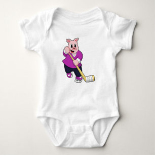 Pig at Ice hockey with Ice hockey stick Baby Bodysuit