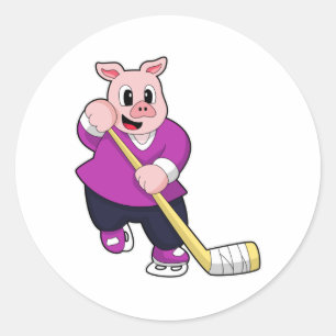 Pig at Ice hockey with Ice hockey stick Classic Round Sticker