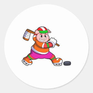 Pig at Ice hockey with Ice hockey stick Classic Round Sticker