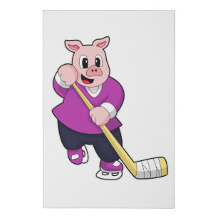 Pig at Ice hockey with Ice hockey stick Faux Canvas Print