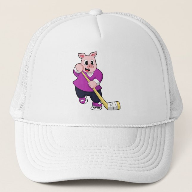 Pig at Ice hockey with Ice hockey stick Trucker Hat (Front)