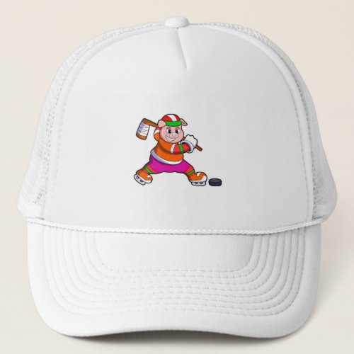 Pig at Ice hockey with Ice hockey stick Trucker Hat