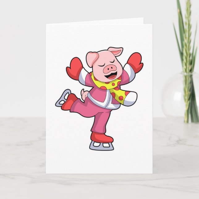 Pig at Ice skating with Ice skates Card (Front)