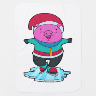 Pig at Ice skating with Ice skates & Hat Baby Blanket