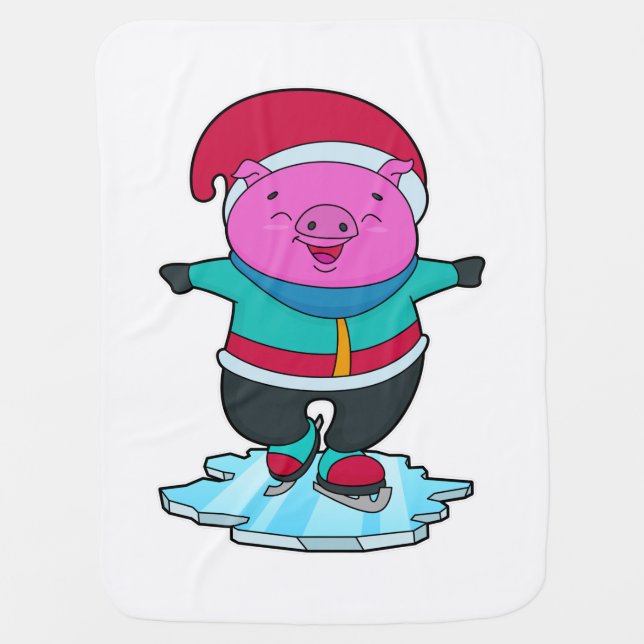 Pig at Ice skating with Ice skates & Hat Baby Blanket (Front)