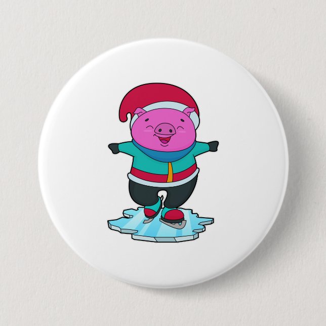 Pig at Ice skating with Ice skates & Hat Button (Front)