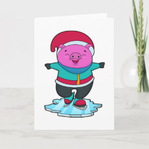 Pig at Ice skating with Ice skates & Hat Card