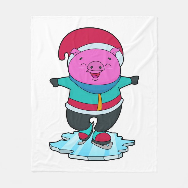 Pig at Ice skating with Ice skates & Hat Fleece Blanket (Front)
