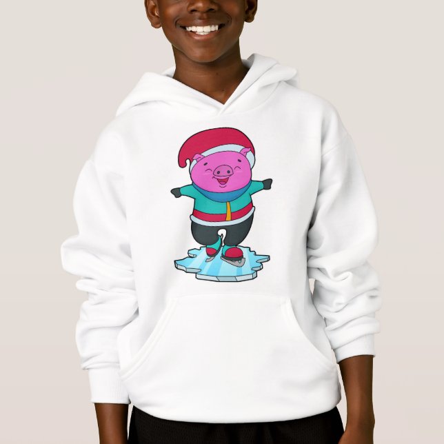 Pig at Ice skating with Ice skates & Hat Hoodie (Front)