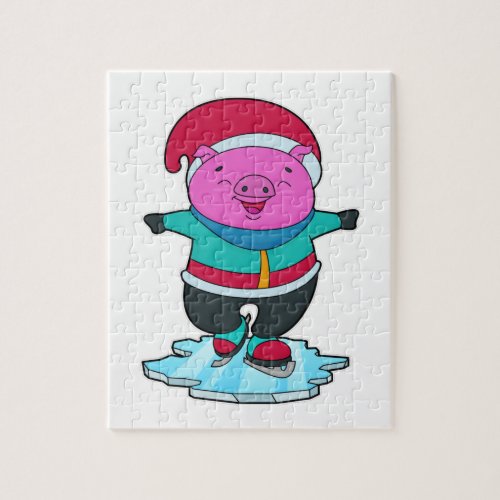 Pig at Ice skating with Ice skates  Hat Jigsaw Puzzle