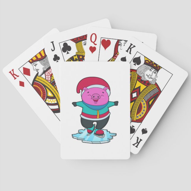 Pig at Ice skating with Ice skates & Hat Poker Cards (Back)