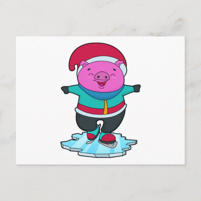Pig at Ice skating with Ice skates & Hat Postcard (Front)