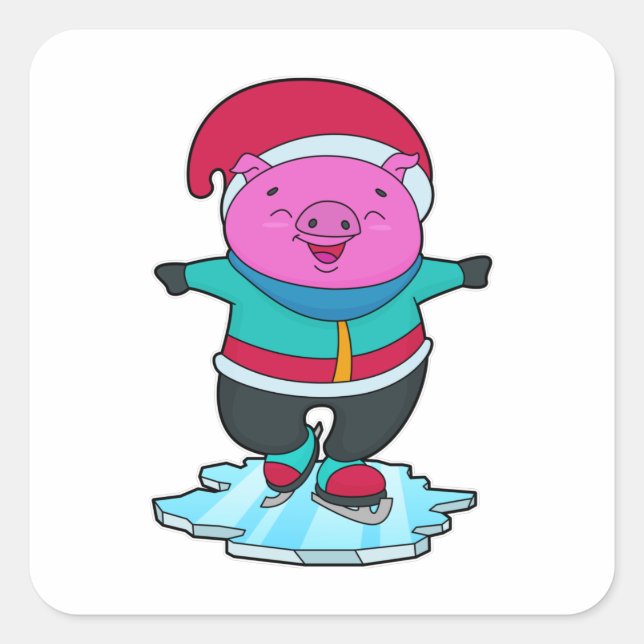 Pig at Ice skating with Ice skates & Hat Square Sticker (Front)