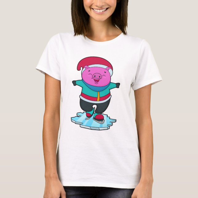 Pig at Ice skating with Ice skates & Hat T-Shirt (Front)