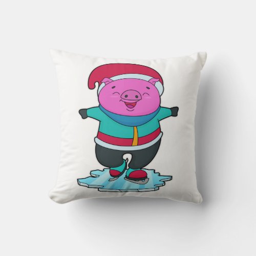 Pig at Ice skating with Ice skates  Hat Throw Pillow