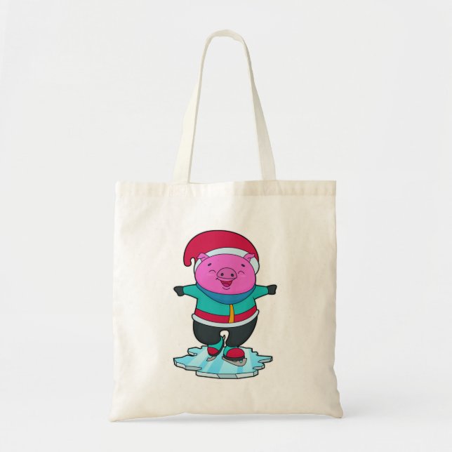 Pig at Ice skating with Ice skates & Hat Tote Bag (Front)