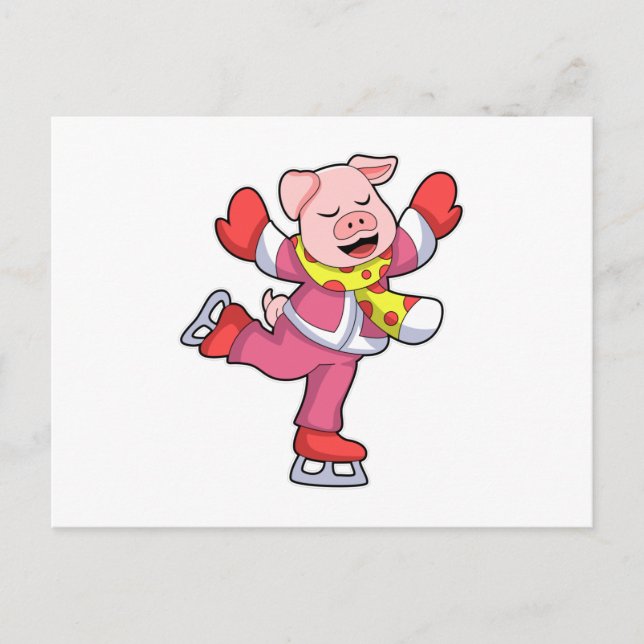 Pig at Ice skating with Ice skates Postcard (Front)