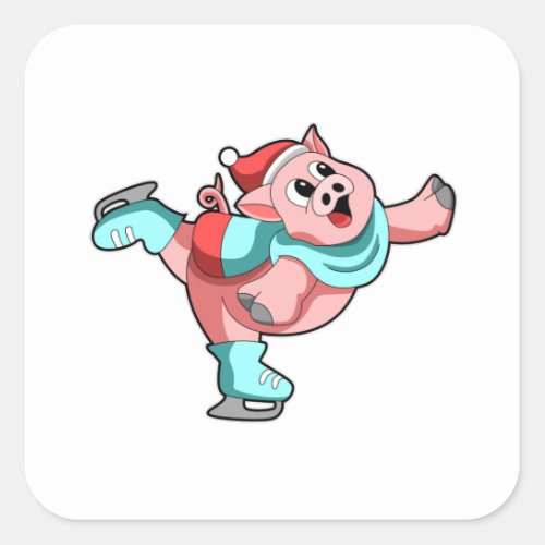 Pig at Ice skating with Ice skates Square Sticker