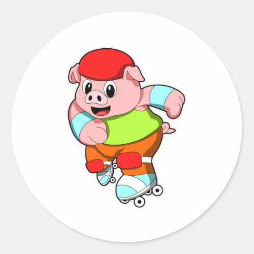Pig at Inline skating with Inline skates Classic Round Sticker