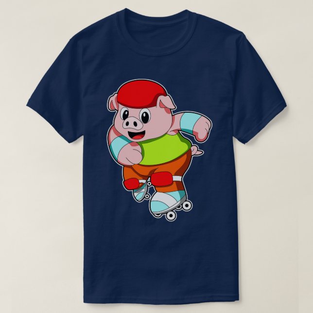 Pig at Inline skating with Inline skates Helmet T-Shirt (Design Front)