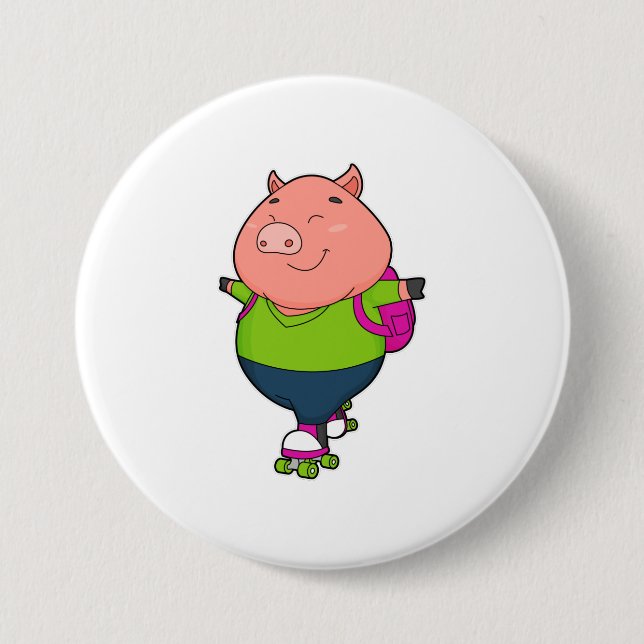 Pig at Inline skating with Roller skates Button (Front)