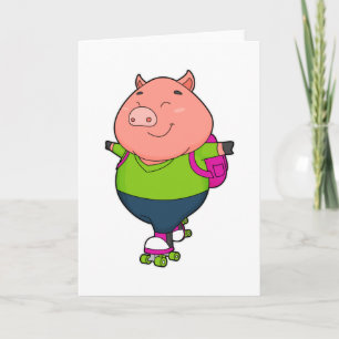 Pig at Inline skating with Roller skates Card