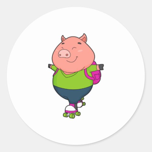 Pig at Inline skating with Roller skates Classic Round Sticker