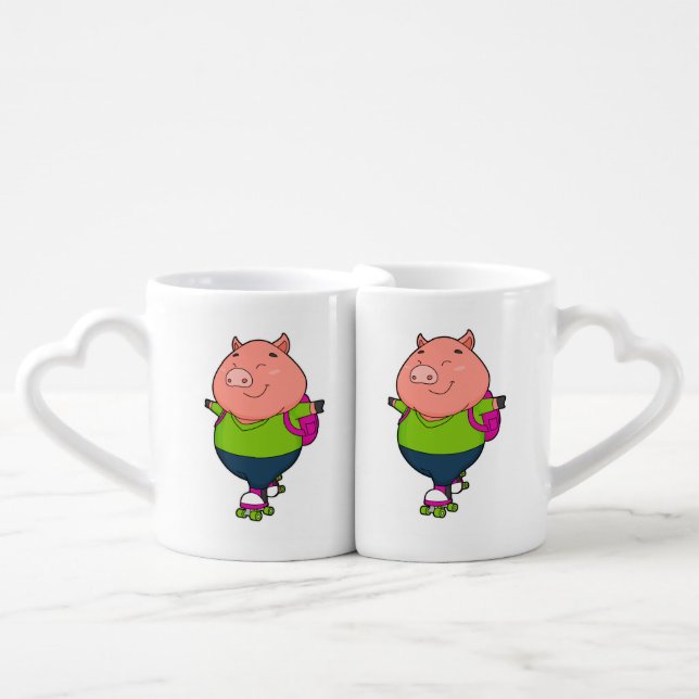 Pig at Inline skating with Roller skates Coffee Mug Set (Front Nesting)