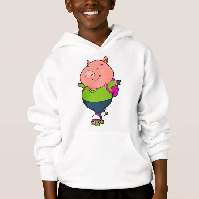 Pig at Inline skating with Roller skates Hoodie (Front)