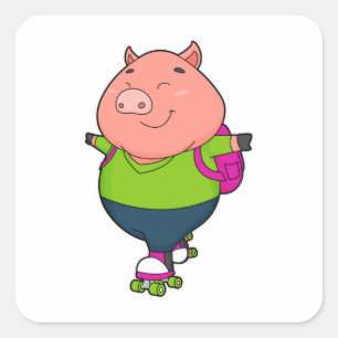 Pig at Inline skating with Roller skates Square Sticker
